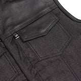 Men's Leather-Denim Combo Motorcycle  Vest - No Collar