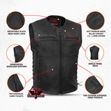 Men's Zipper Front Black Leather Motorcycle Vest