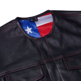 Men's Banded Collar leather Vest with USA Flag Lining & Red Stitching