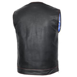 Men's Banded Collar leather Vest with USA Flag Lining & Red Stitching