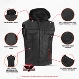 Men's Black Leather Motorcycle Vest with Removable Hood