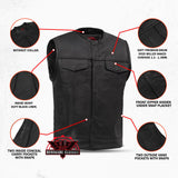 Men's Collarless Perforated Leather Vest - Black