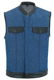 Men's Upgraded Broken Blue Denim Motorcycle Vest w/Leather Trimming