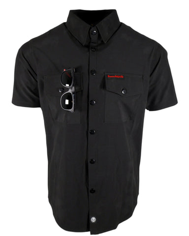 dress shirts with hidden collar buttons Performance Tech Black Hybrid Button Up Shirt (Hidden Snap Collars) – Route 32 Riding Gear